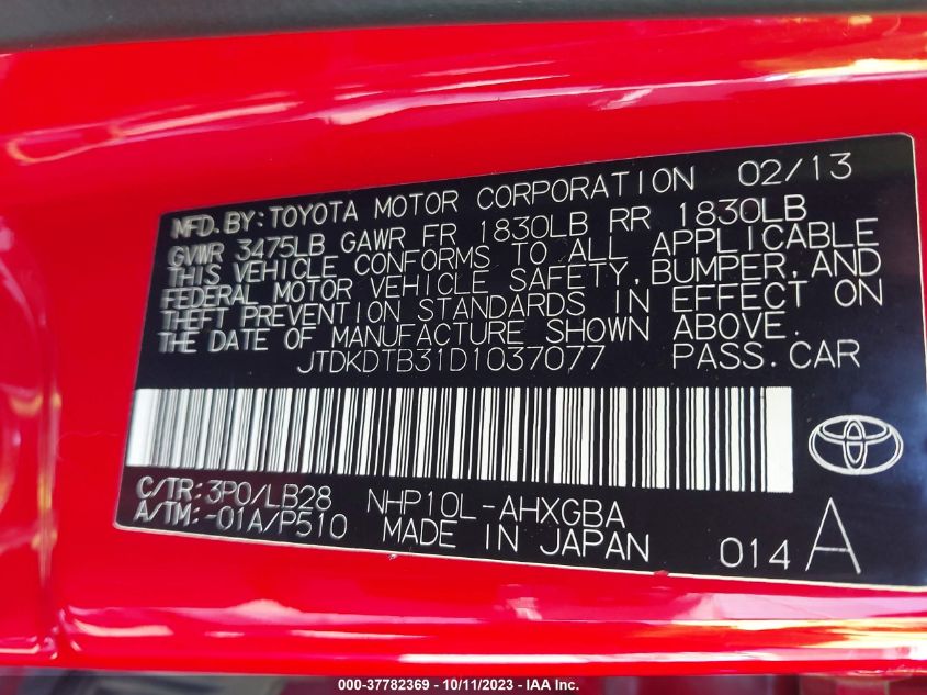 2013 TOYOTA PRIUS C ONE/TWO/THREE/FOUR - JTDKDTB31D1037077