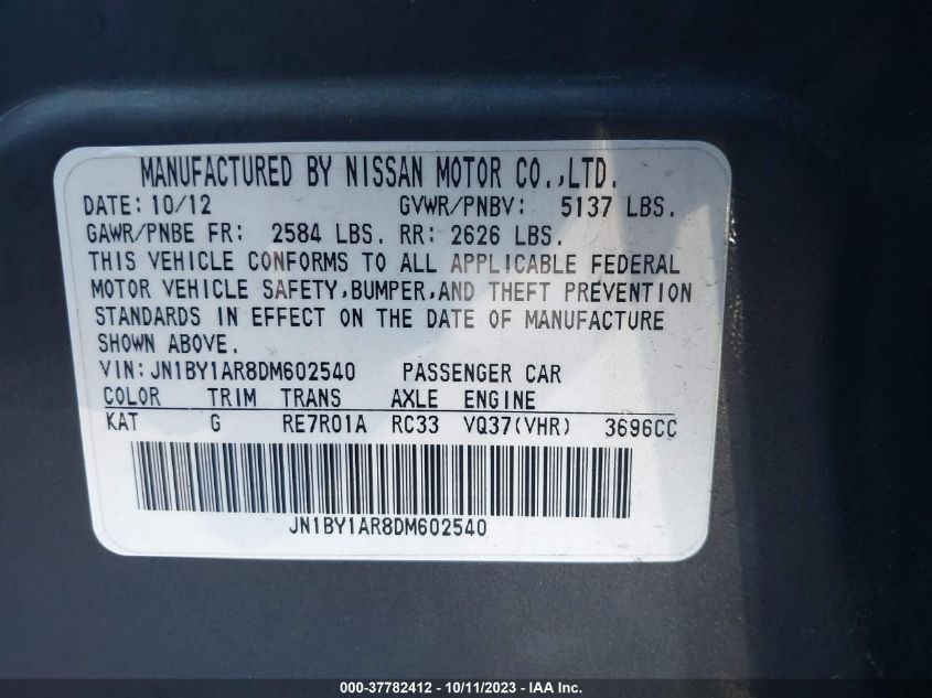 2013 INFINITI M37X JN1BY1AR8DM602540