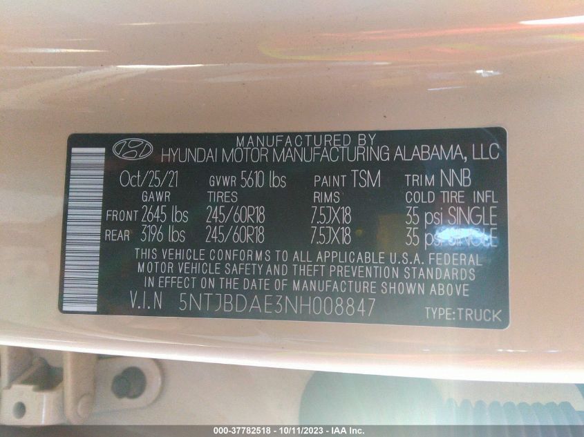 2022 HYUNDAI SANTA CRUZ SEL 5NTJBDAE3NH008847