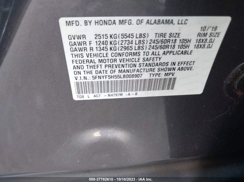2020 HONDA PILOT EXL - 5FNYF5H55LB008907