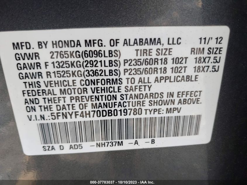 2013 HONDA PILOT EX-L - 5FNYF4H70DB019780