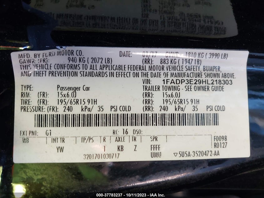 VIN 1FADP3E29HL218303 2017 FORD FOCUS S