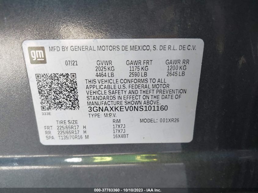 2022 CHEVROLET EQUINOX LT - 3GNAXKEV0NS101160