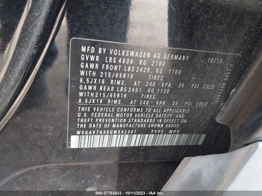 2016 VOLKSWAGEN TIGUAN S/SE/SEL/R-LINE - WVGAV7AX8GW542301