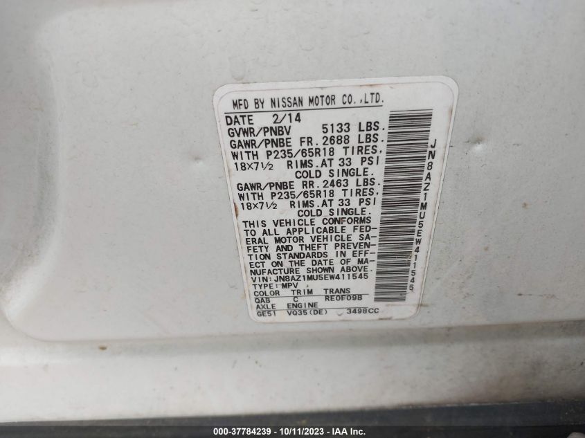 2014 NISSAN MURANO S/SL/SV/LE - JN8AZ1MU5EW411545