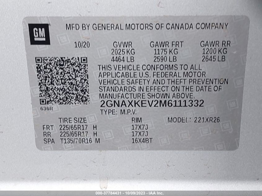 2021 CHEVROLET EQUINOX LT - 2GNAXKEV2M6111332