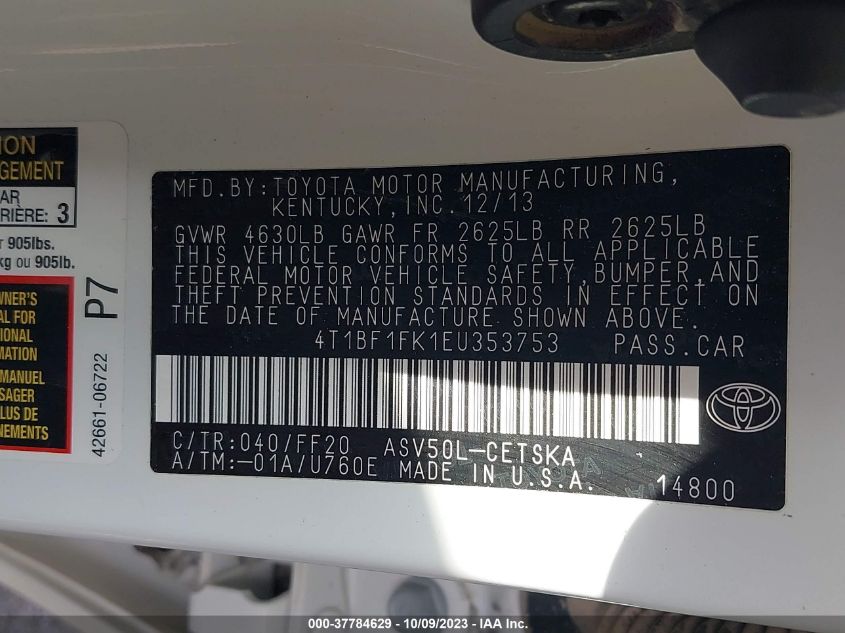 2014 TOYOTA CAMRY L/LE/XLE/SE/SE SPORT - 4T1BF1FK1EU353753