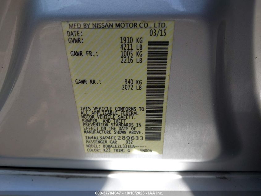2015 NISSAN ALTIMA 2.5 S - 1N4AL3AP4FC289633