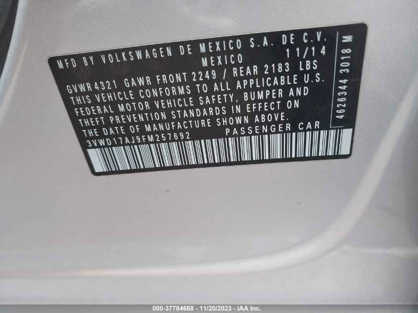 2015 VOLKSWAGEN JETTA SEDAN 1.8T SE 3VWD17AJ9FM257692