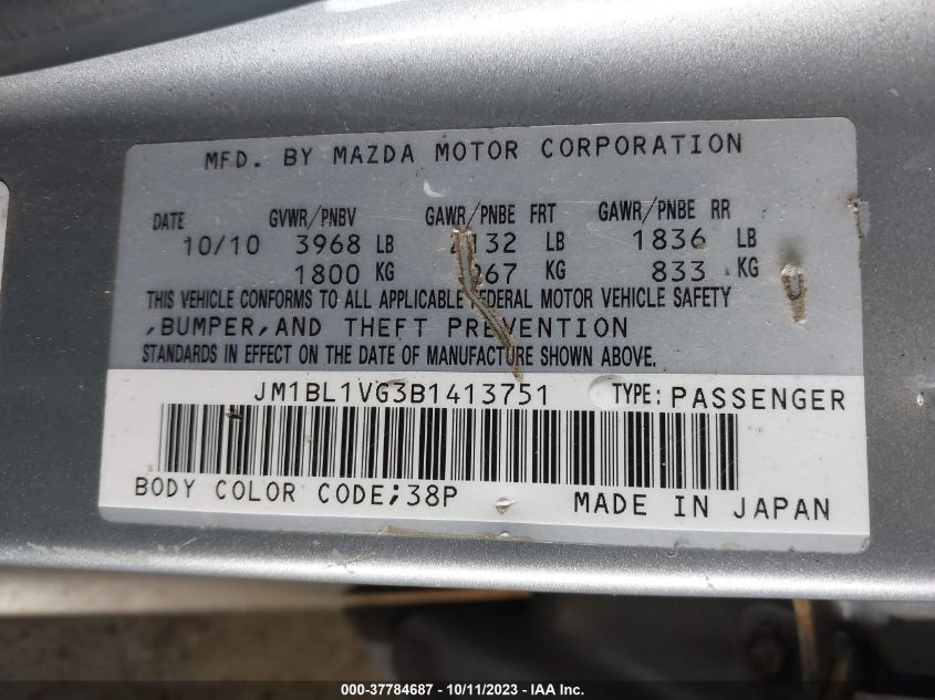 JM1BL1VG3B1413751 | 2011 MAZDA MAZDA3