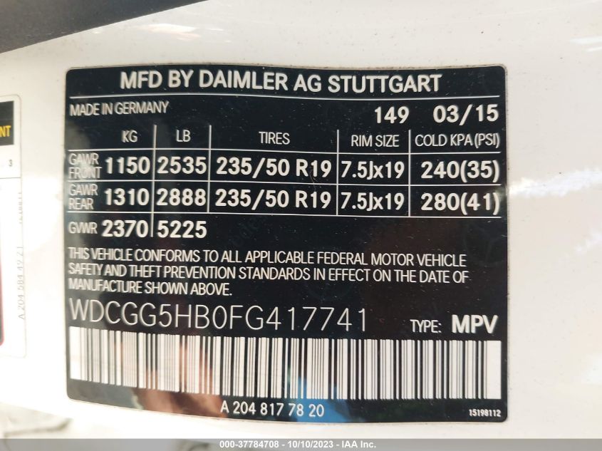 2015 MERCEDES-BENZ GLK 350 WDCGG5HB0FG417741