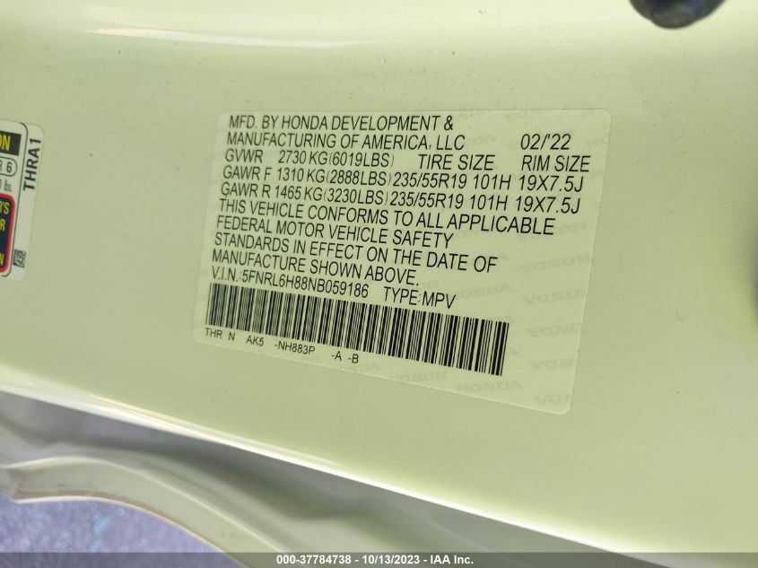 5FNRL6H88NB059186 2022 HONDA ODYSSEY, photo no. 9