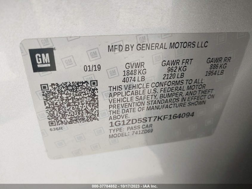 2019 CHEVROLET MALIBU LT - 1G1ZD5ST7KF164094