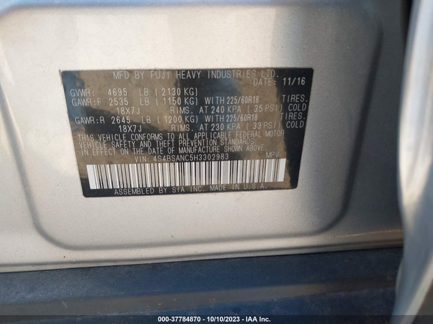 VIN 4S4BSANC5H3302983 2017 SUBARU OUTBACK 2.5I LIMITED