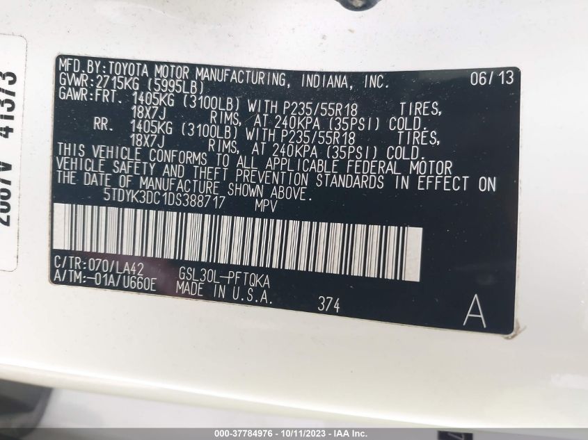 5TDYK3DC1DS388717 2013 TOYOTA SIENNA, photo no. 9