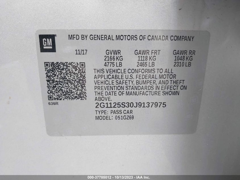 2018 CHEVROLET IMPALA PREMIER - 2G1125S30J9137975