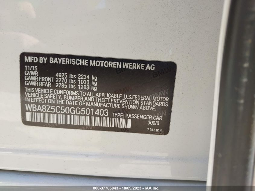 2016 BMW 328I GRAN TURISMO XDRIVE WBA8Z5C50GG501403