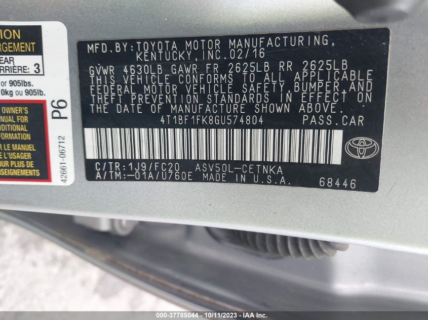 2016 TOYOTA CAMRY XLE/SE/LE/XSE - 4T1BF1FK8GU574804