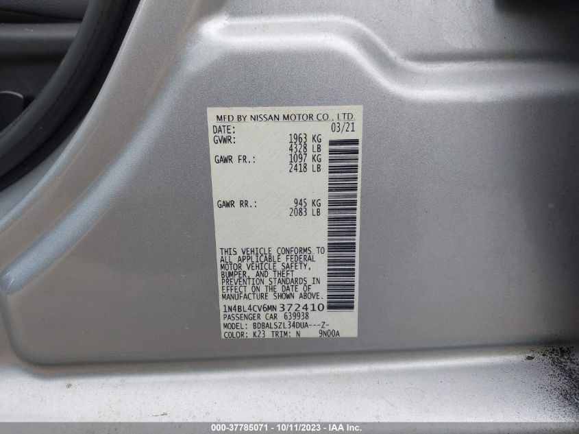 VIN 1N4BL4CV6MN372410 2021 NISSAN ALTIMA 2.5 SR