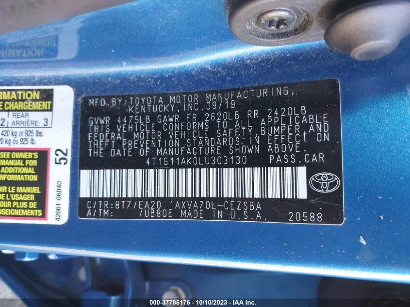 2020 TOYOTA CAMRY SE - 4T1G11AK0LU303130