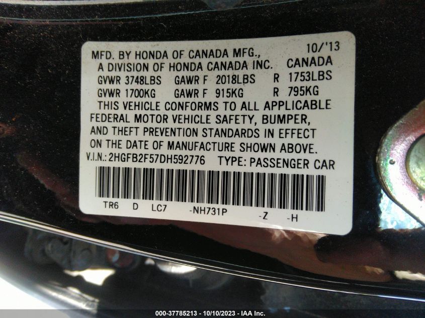 2013 HONDA CIVIC SDN LX - 2HGFB2F57DH592776