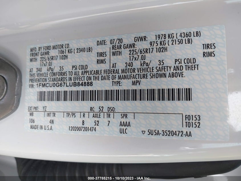 VIN 1FMCU0G67LUB84888 2020 FORD ESCAPE SE
