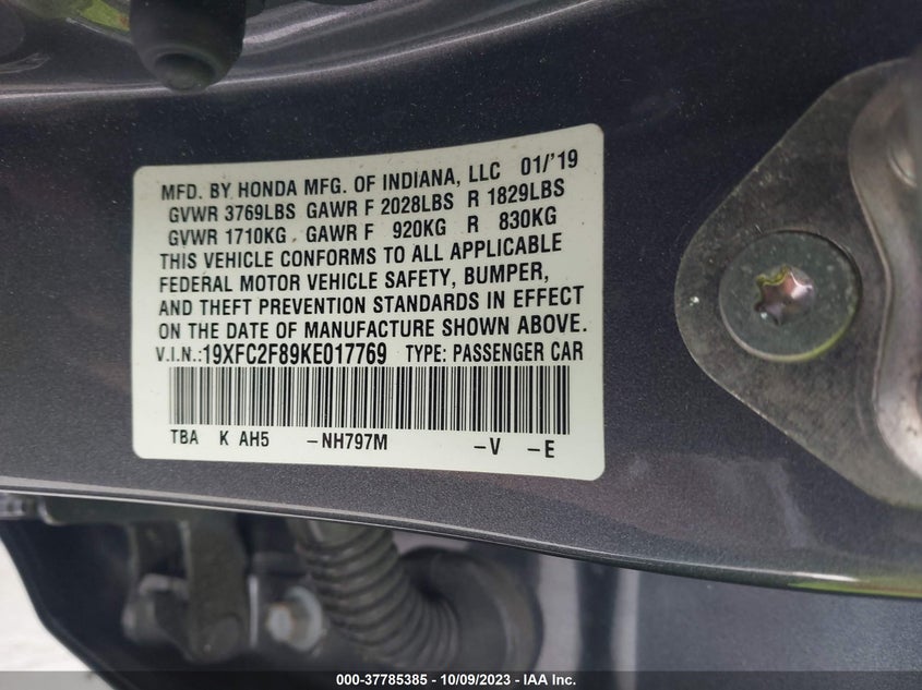 VIN 19XFC2F89KE017769 2019 HONDA CIVIC SEDAN SPORT