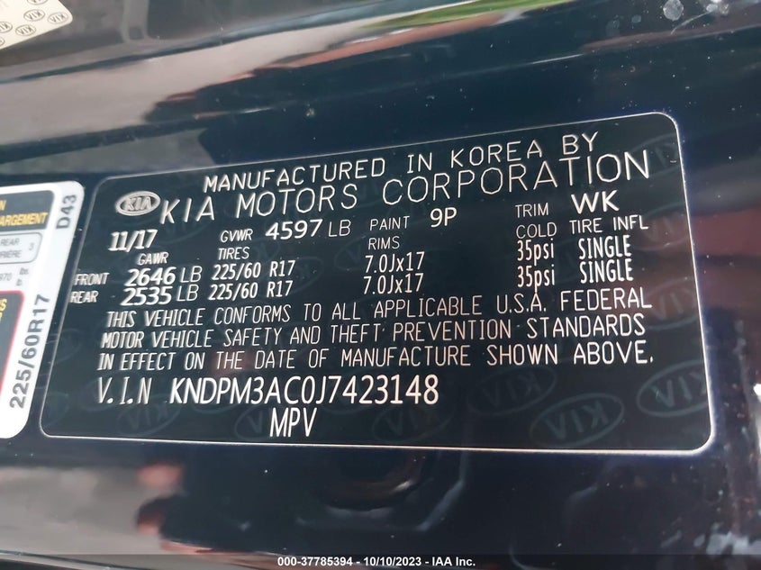 VIN KNDPM3AC0J7423148 2018 KIA SPORTAGE LX