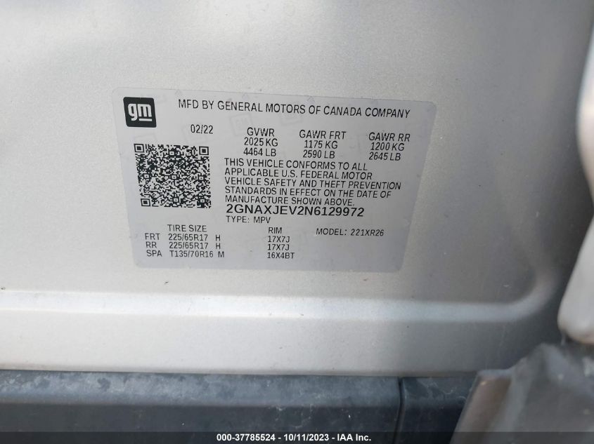 2022 CHEVROLET EQUINOX LT - 2GNAXJEV2N6129972