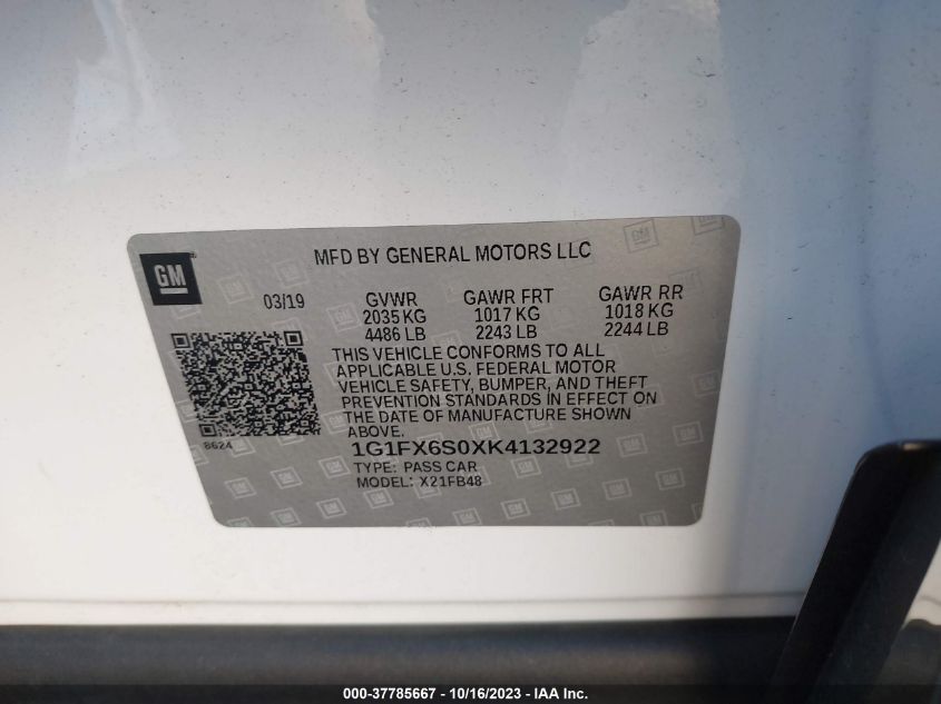 2019 CHEVROLET BOLT EV PREMIER - 1G1FX6S0XK4132922