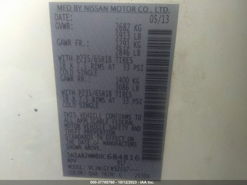 2013 NISSAN PATHFINDER S/SV/SL/PLATINUM - 5N1AR2MM8DC684816