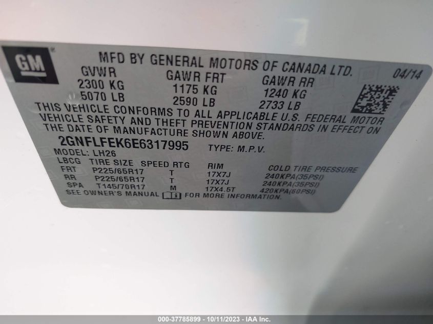 2014 CHEVROLET EQUINOX LT - 2GNFLFEK6E6317995