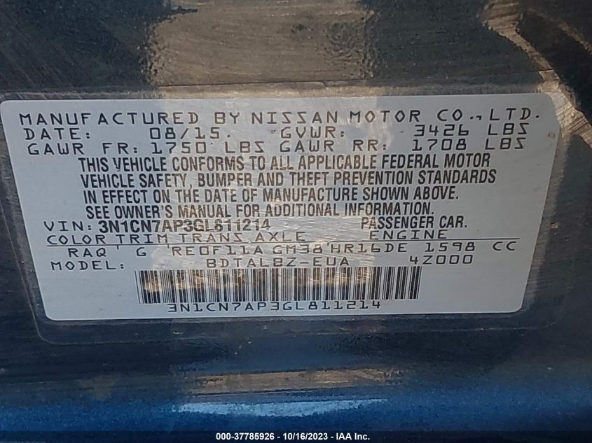 2016 NISSAN VERSA S/S PLUS/SL/SV - 3N1CN7AP3GL811214