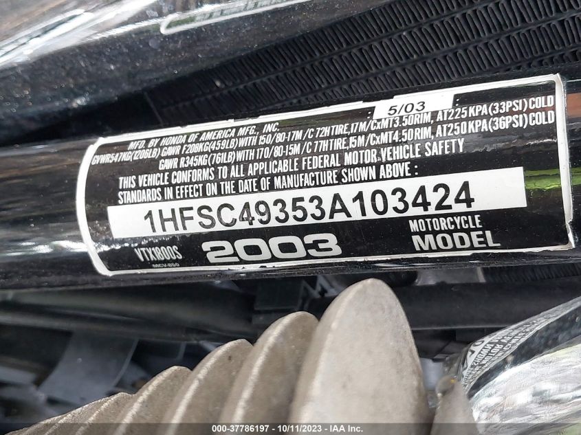 2003 HONDA VTX1800 S 1HFSC49353A103424