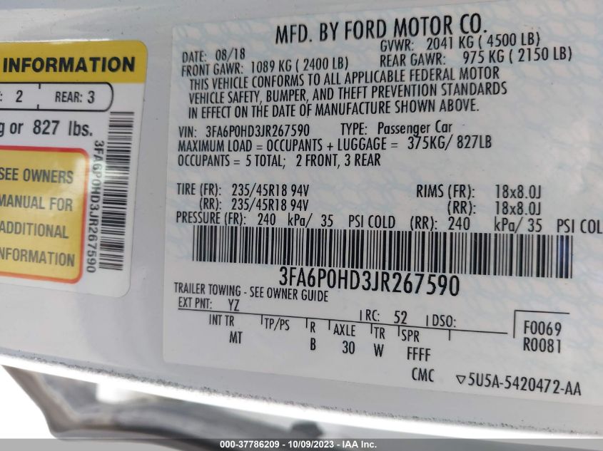 2018 FORD FUSION SE - 3FA6P0HD3JR267590