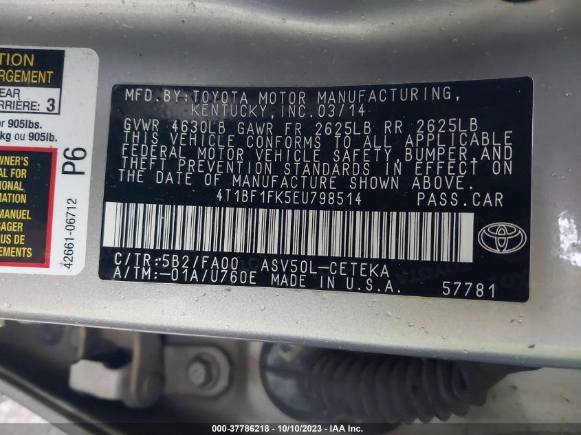 2014 TOYOTA CAMRY L/LE/XLE/SE/SE SPORT - 4T1BF1FK5EU798514