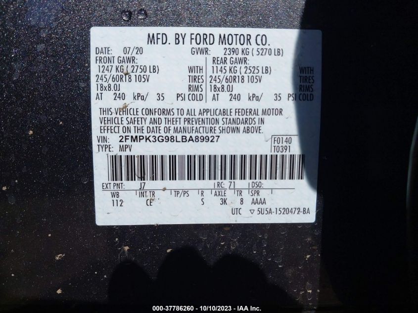 2FMPK3G98LBA89927 2020 FORD EDGE, photo no. 9