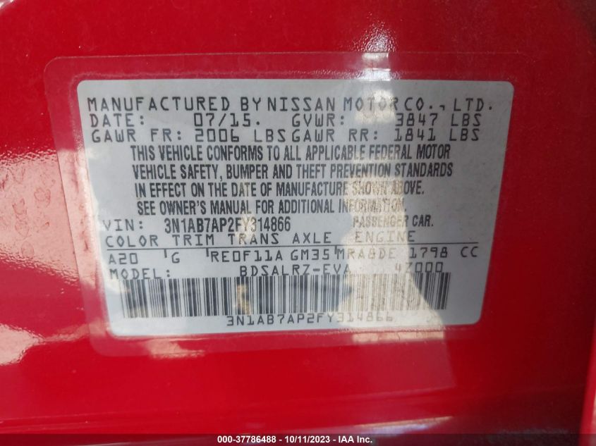 2015 NISSAN SENTRA SR - 3N1AB7AP2FY314866
