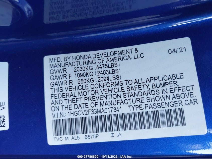 VIN 1HGCV2F33MA017341 2021 HONDA ACCORD SEDAN SPORT