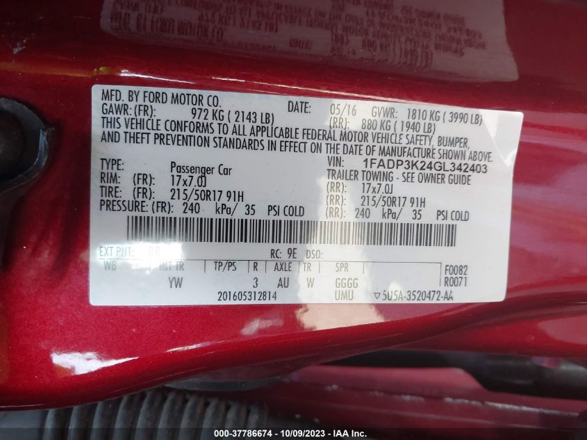 2016 FORD FOCUS SE - 1FADP3K24GL342403