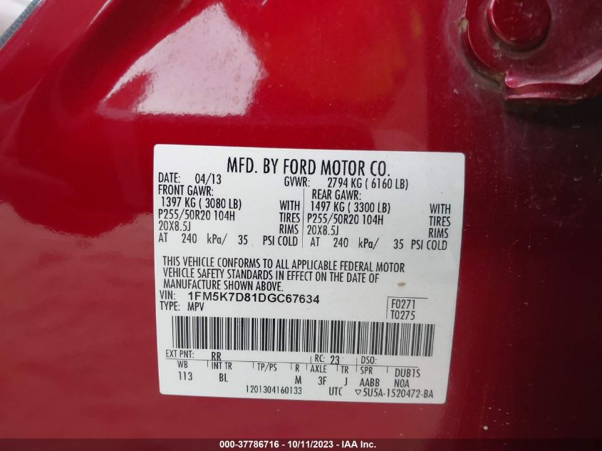 2013 FORD EXPLORER XLT - 1FM5K7D81DGC67634