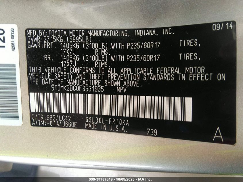 2015 TOYOTA SIENNA XLE/XLE AAS/LTD - 5TDYK3DC0FS531935
