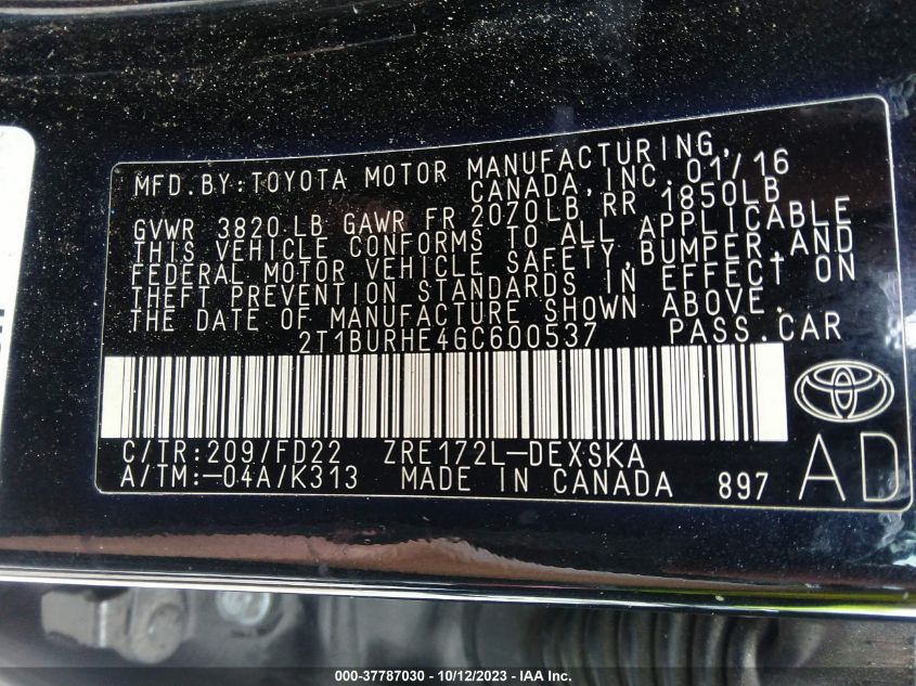 2016 TOYOTA COROLLA L/LE/LE PLS/PRM/S/S PLS - 2T1BURHE4GC600537