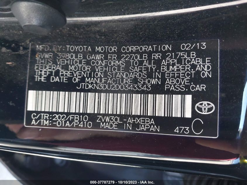2013 TOYOTA PRIUS ONE/TWO/THREE/FOUR/FIVE - JTDKN3DU2D0343343
