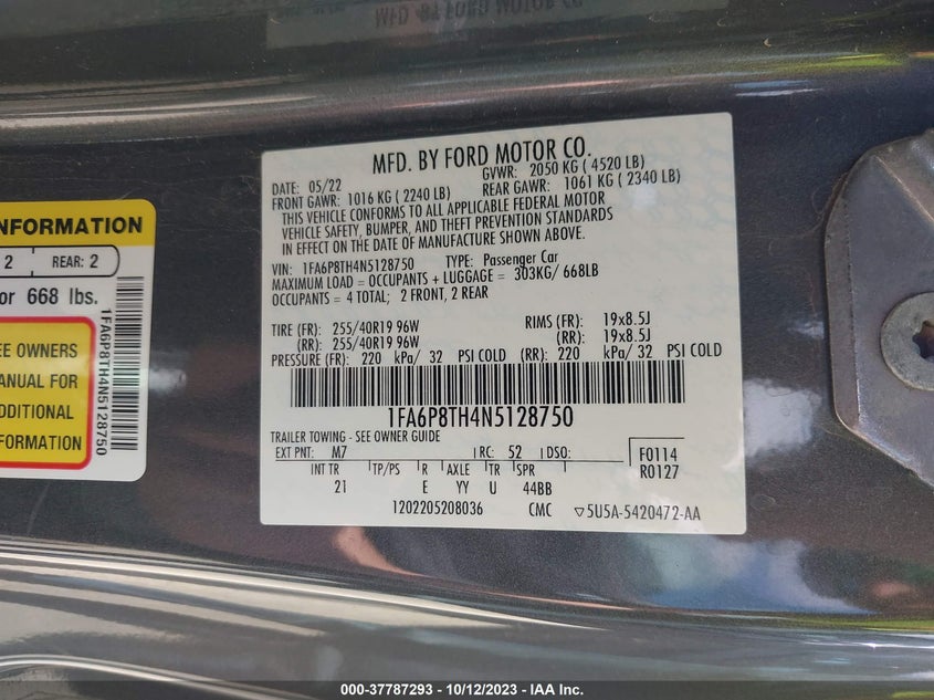 VIN 1FA6P8TH4N5128750 2022 FORD MUSTANG
