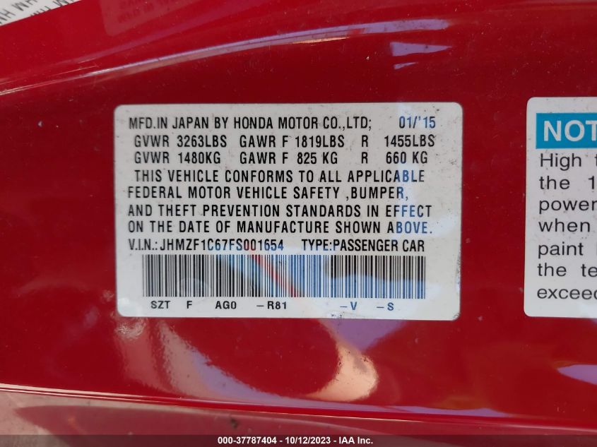 2015 HONDA CR-Z EX JHMZF1C67FS001654