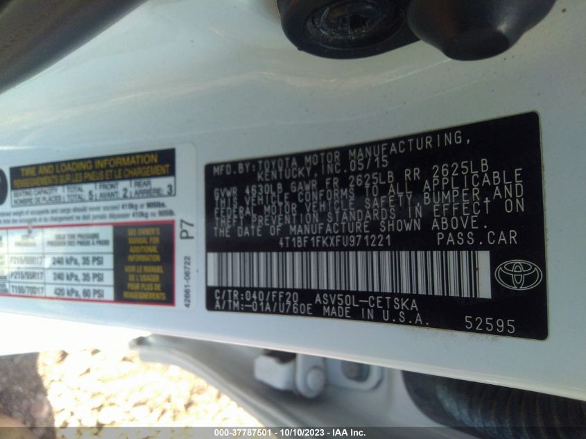2015 TOYOTA CAMRY XLE/SE/LE/XSE - 4T1BF1FKXFU971221