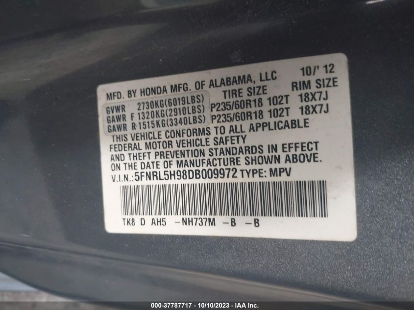 2013 HONDA ODYSSEY TOURING - 5FNRL5H98DB009972