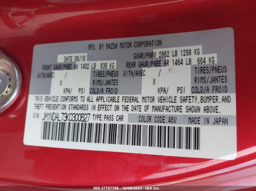 2019 MAZDA MX-5 MIATA RF CLUB JM1NDAL73K0300627