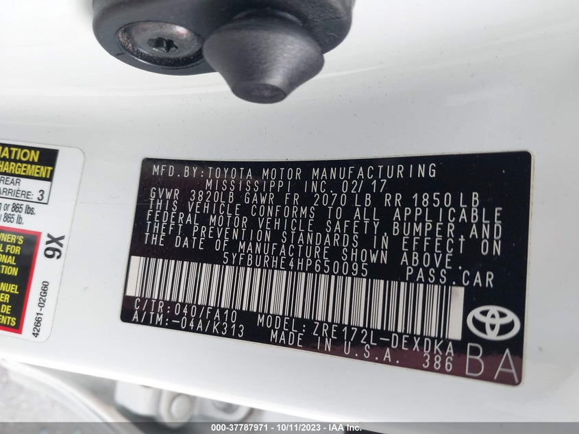 VIN 5YFBURHE4HP650095 2017 TOYOTA COROLLA L/LE/XLE/SE